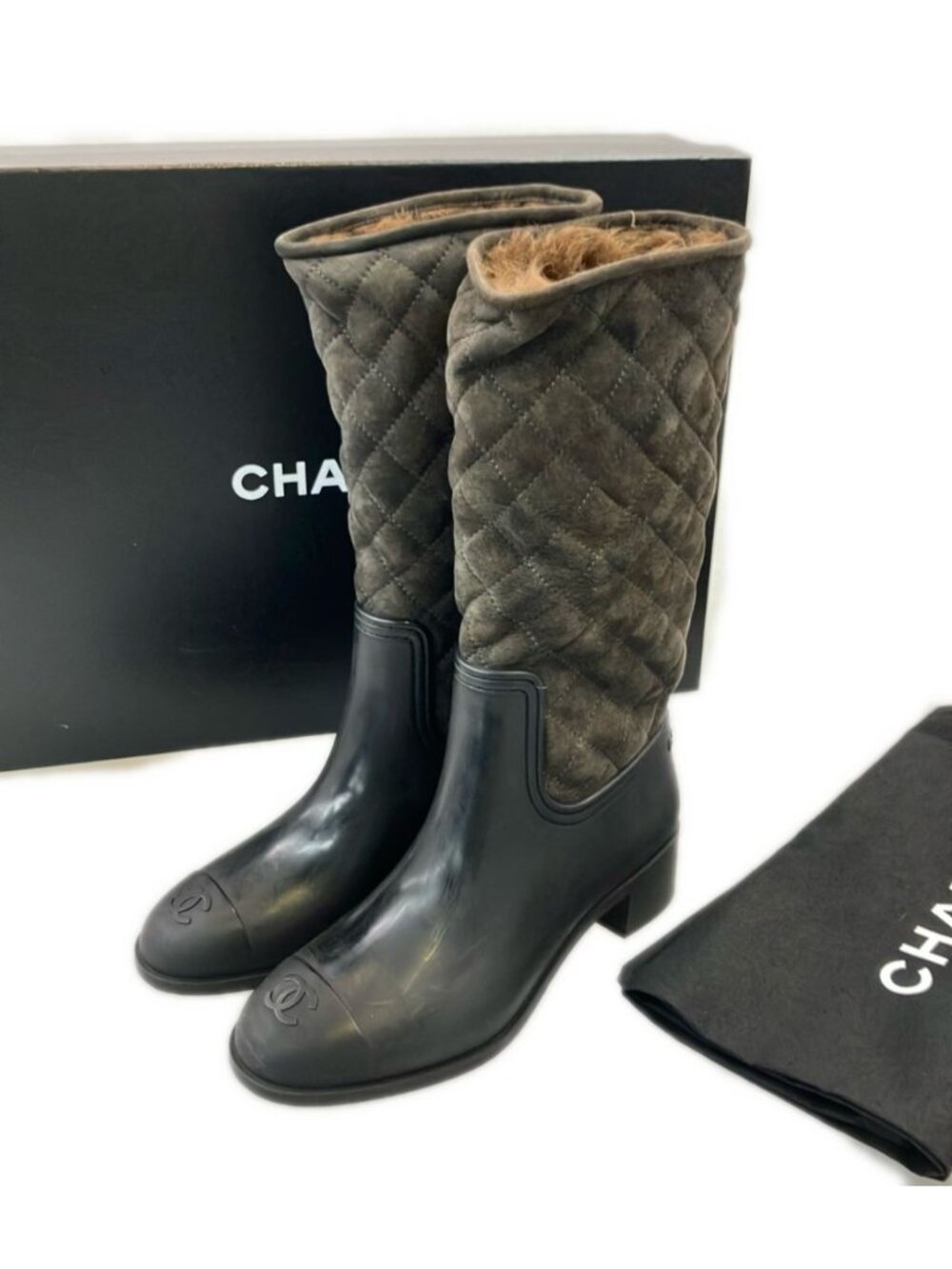 Chanel Long Gray Boots Quilted CC Logo